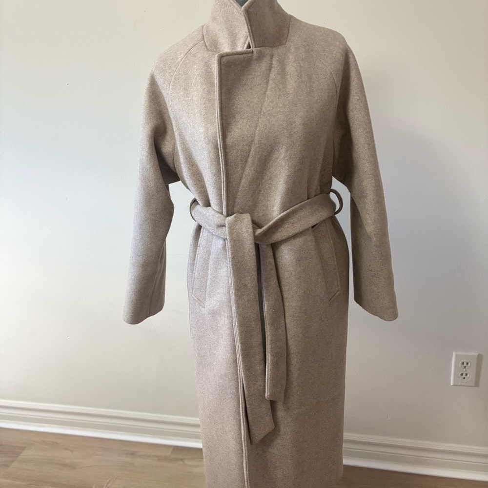 Elegant Beige Belted Wrap Coat - Picture 2 of 9